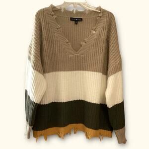 Derek Heart Scarecrow Knit Sweater Women's 3X V-neck Neutrals Color Block